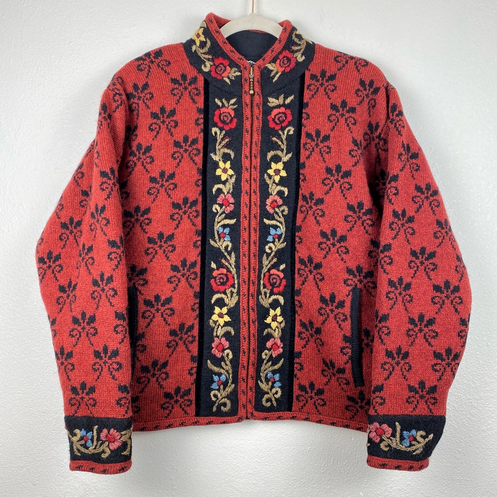 Icelandic Design Red and Black Wool Sweater Full Zip Floral Embroidery Womens L
